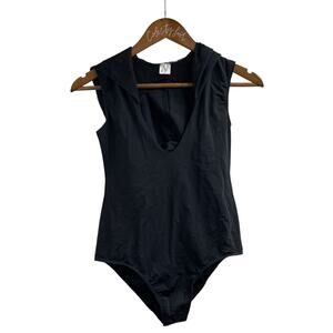 Black Mesh Lined Hooded Body Suit Sleeveless Stretchy AV Open Back V Neck